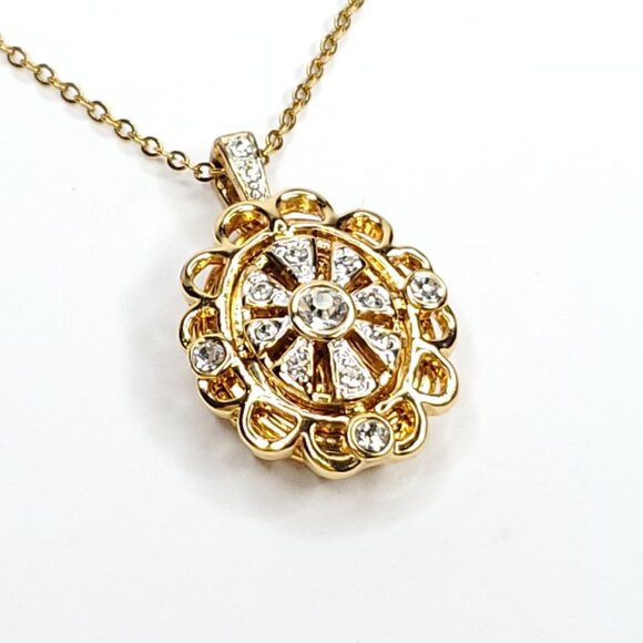 Locket Pendant Necklace Rhinestone Bling Goldtone Oval Scalloped Edge Hearts - Picture 2 of 5